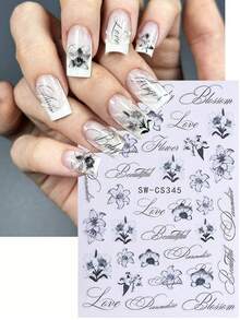 2片装3D立体花朵字母美甲贴纸，黑色渐变芙蓉花瓣，哥特浪漫英文字母花卉图案，Y2K美学，自粘凝胶美甲贴花，春夏款 - 彩色 - 查看 4