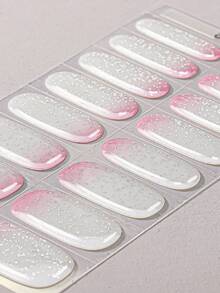 16片春夏多巴胺梦幻星空渐变凝胶美甲贴纸，渐变闪粉星月设计，持久耐用，低致敏性，无需UV灯，适合女性和女孩日常、周末、派对、约会等场合，DIY时尚美甲用品 - 紅白色 - 查看 3