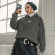 Livesso 1件休闲保暖连帽衫，纯色女式无袖卫衣，长袖上衣，秋季女装，保暖内衬 - 灰色 - 查看 6