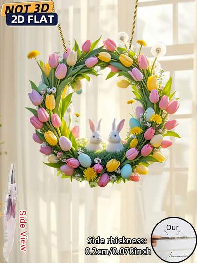 2D Acrylic Easter Hanging Decor - Cartoon Flowers And Painted Tulips, Daisies And Rabbits, Wall/Door/Window Hanging, No Electricity Needed, Home Easter Decoration, Holiday Window Decor, Fun Easter Themed.