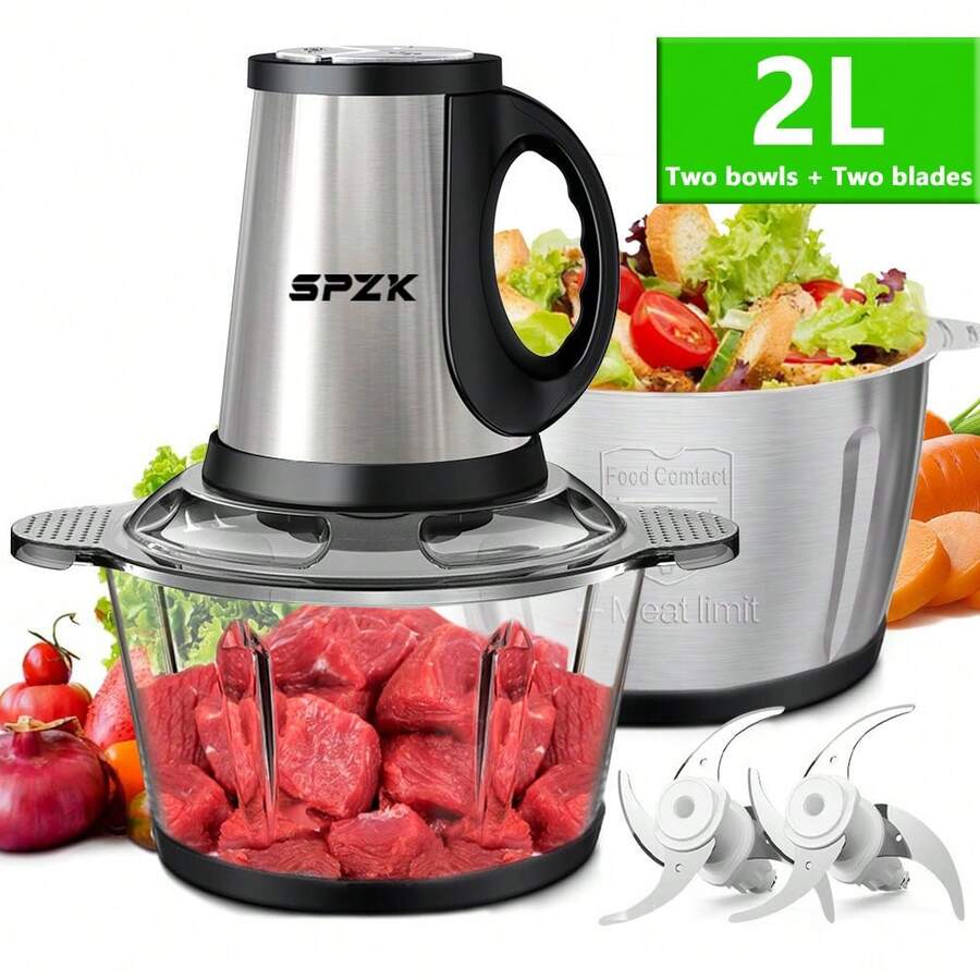 SPZTJK SPZK Food Processors With 2 Bowls, Meat Grinder 4 Bi-Level Blades, Mini Electric Food Chopper 300W, For Baby Food, Meat, Onion, Vegetable Chopper, 3 Speed, 8 Cup And 8 Cup, Christmas Gifts - 美規A型插(110-127V) - 查看 1