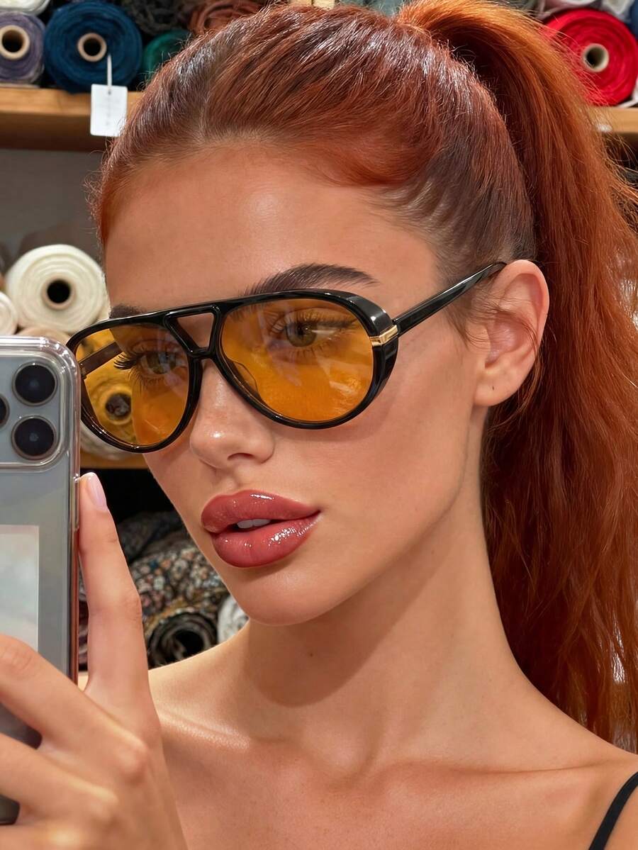 1 Pair Unisex Retro Orange Aviator Frame Fashion Glasses, For Travel, Vacation And Casual Wear - Black Orange - View 1