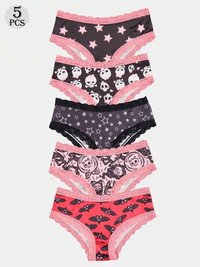 Dircho Conjunto de 5 bragas con estampado de estrellas y calaveras, estilo gótico y estético Y2K, con detalles de encaje, de tiro medio, elásticas y transpirables, ideales para adolescentes y adultos jóvenes, con diseños de murciélagos, estrellas y calaveras, en estilo coqueto oscuro