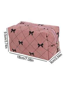 灯芯绒蝴蝶结设计铅笔盒，大容量拉链袋，带手提带，美观布艺笔袋，适用于学校和办公室用品收纳，便携式枕形文具包，适合日常使用 - 多色 - 查看 2