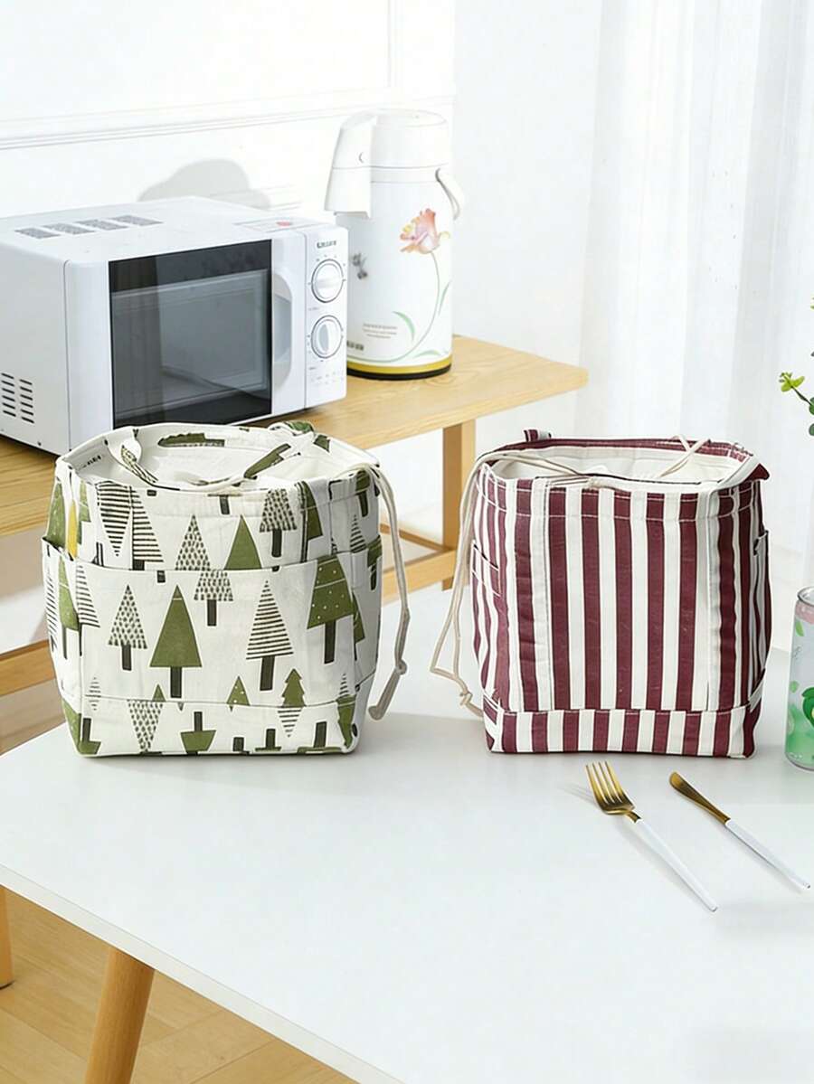 1pc Drawstring Insulated Lunch Bag, Picnic Bento Box Bag, Red Stripe & Green Tree Pattern - Multicolor - View 1