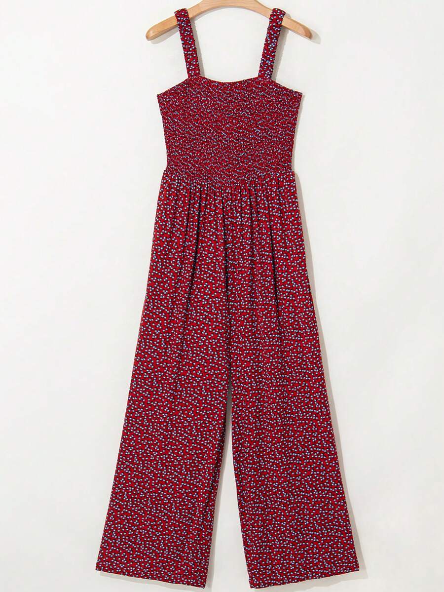 CILKOO 波西米亚风碎花方领无袖宽松褶皱连体裤，带口袋，夏季休闲阔腿裤 - 紅色 - 查看 1