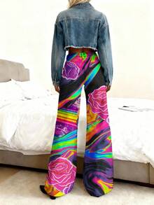 Women'S Jeans With Rainbow Roses And Cosmic Tie Dye Pattern |   Elastic, Long Length, Slim Fit, Button Fly Closure, Suitable For Fall/Winter - 黑色 - 查看 3