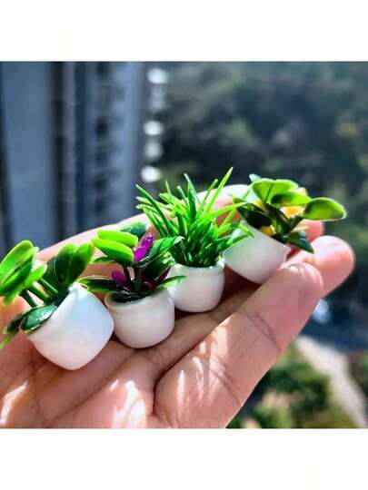 4pcs Miniature Artificial Potted Plants Set - Realistic Faux Potted Plants And Flowers, Resin Square Planters, No Electricity Needed - Multipurpose Decor, Suitable For Dollhouses, Mini Gardens, General Holiday Decorations For Halloween, Christmas