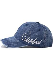 1pc Unisex Baseball Cap With Embroidered English Letter, Distressed Denim Soft Crown Curved Brim Hat - Multicolor - View 4