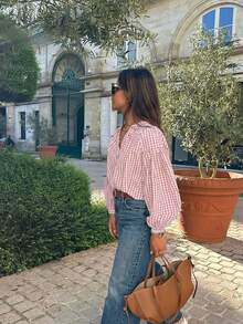 Chemise à carreaux rouges décontractée pour femme, col cranté, manches bouffantes roses - Rose bonbon - Voir 5