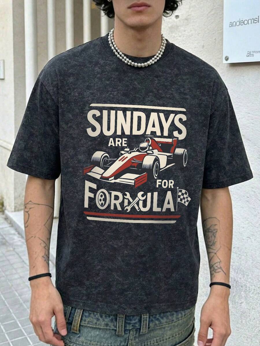 男士时尚休闲街头摇滚说唱歌手风格宽松水洗棉短袖T恤 | 赛车元素印花 | 精致设计 | 春夏必备 | 百搭易穿，展现您的个人风格。 - 黑色 - 查看 1