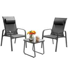 COSTWAY 3-Piece Outdoor Bistro Set, Patio Stackable Chairs With Adjustable & Folding Backrest And Removable Headrest And Tempered Glass Coffee Table Set, Patio Conversation Set With Rustproof Steel Frame And Quick-Drying Fabric, Gray - Grey - View 2