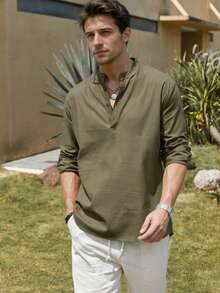 Men's Cotton Linen Long-Sleeved Shirt - xanh quân đội - Xem 1