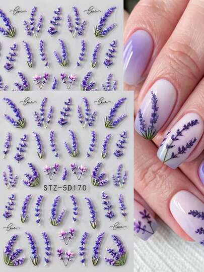 Eleganckie, fioletowe, lawendowe akcesoria do paznokci | Romantyczne, kwiatowe osłonki na palce w kształcie serca, 5D naklejki na paznokcie z motywem lawendy i liści, Samoprzylepne fioletowe naklejki na paznokcie z motywem kwiatów i liści, Dekoracje ślubne