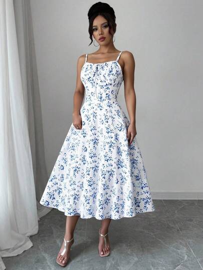 Vestidos Dama Casuales Con Floral Estampado,Vestido Elegante De Verano Con Tirantes Y Flores Vintage Para Mujer,Estilo A-Line