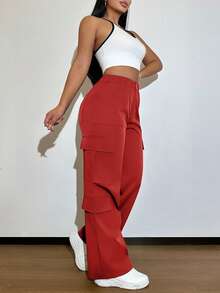 Red Multi-Pocket Buttoned Casual Y2K Elegant And Cute Lightweight Work Pants. Suitable For Back-To-School, Graduation, Clubs, Birthday Parties, Halloween, New Year, Thanksgiving, Concerts, Gyms, Beaches, Vacations, Business, Daily Going Out, Sports, Airport Wear, Street Style, Teacher's Day, Spring, Summer, Autumn And Winter. - Red - View 11