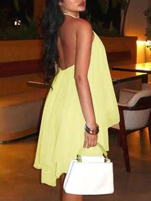 Women's Backless Spaghetti Strap Sleeveless Mini Dress, Sexy Elegant Fashion Party Skirt, Suitable For Office, Commute, And Vacation - Màu vàng - Xem 4