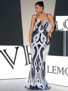 Black & White Deep V-Neck Sequin Backless Maxi Evening Gown (Front Top Half, Random Floral Pattern On Back Half) Wedding Spring Party - Black and White - View 3