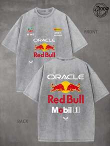 Racing Team Unisex Printed T-Shirt -230G Washed Cotton High-Quality Printed T-Shirt; Men's Clothing, Suitable For Retro Street Style And Outdoor Sports Leisure, Y2K Style, F1 Racing Team T-Shirt, Comfortable And Fashionable, Ideal Choice For Racing Enthusiasts, Men's Gift - 水洗灰 - 查看 1