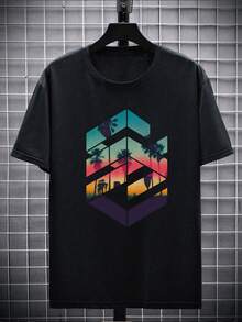 加大码男士创意几何图案印花休闲圆领短袖T恤，夏季 - 黑色 - 查看 2