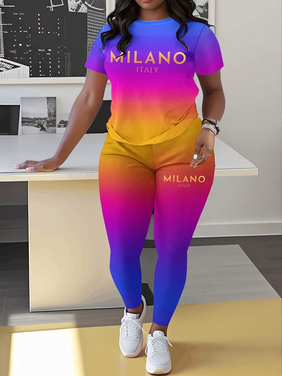 Milano Italy Letter Print Crew Neck Short Sleeve T-Shirt And Tight Hip Wrap Leggings Set, Casual Knit Fabric, 180Gsm, SpringSummer Two-Piece Outfit - 風格 - 查看 1