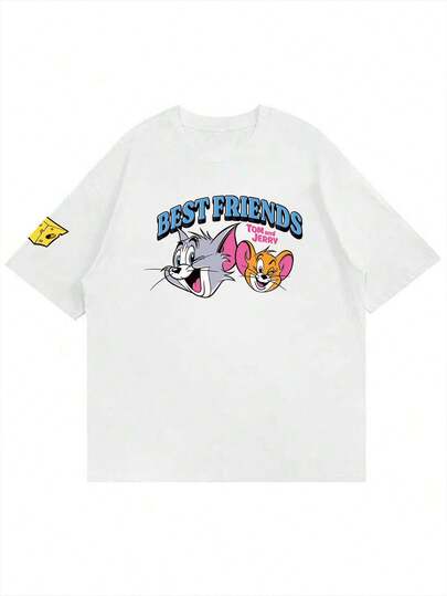 Strevion OBM Men X TOM & JERRY Áo thun nam ngắn tay cổ tròn in hình Tom & Jerry "Người bạn thân" theo phong cách tối giản, thích hợp cho mùa hè.