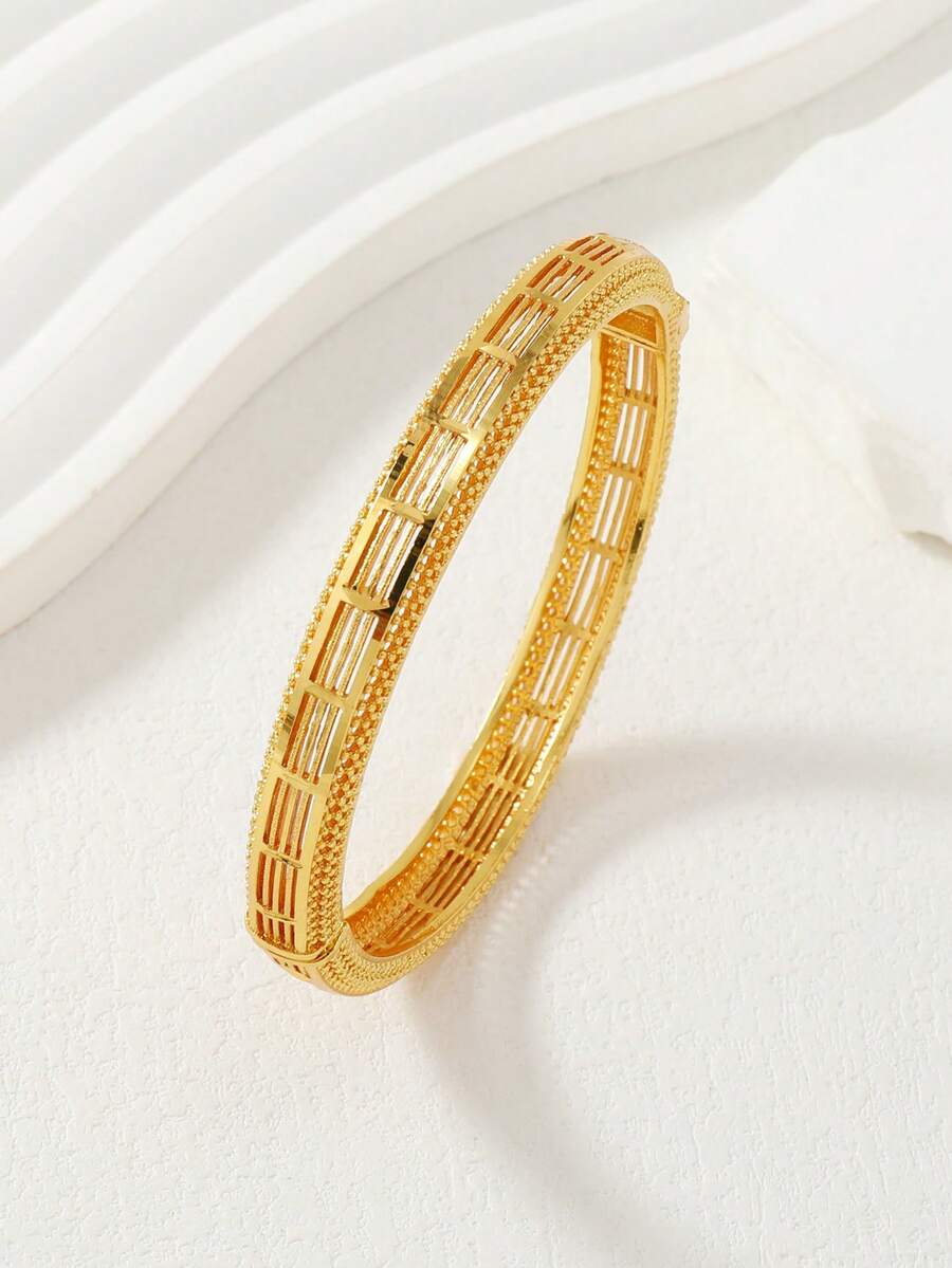 1 pieza Brazalete de línea hueca con textura chapado en oro de 24K, accesorio de fiesta de diseño de nicho de lujo - Amarillo Oro - Ver 1