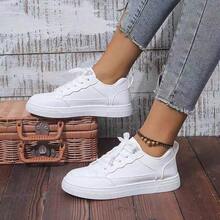 Women's Solid Color Casual Flat Shoes, Round Toe Lace-Up Breathable Non-Slip Shoes, Women's Classic Casual Sports Shoes, Solid Color Lace-Up Low-Top Casual Shoes, Women's Comfortable Shoes, Very Suitable Outdoor Activities, Walking And Daily Commuting - 白色 - 查看 3