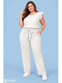 Elegant Plus Size Social Set In Dune Crepe, Casual Style With Drawstring Pockets, For Office Or Home. - White - View 1