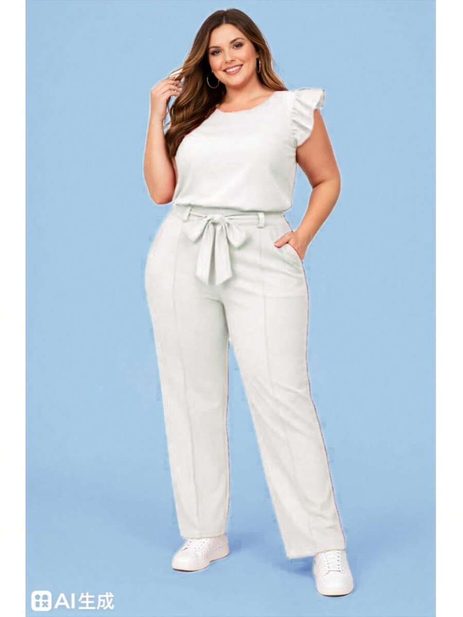 Elegant Plus Size Social Set In Dune Crepe, Casual Style With Drawstring Pockets, For Office Or Home. - White - View 1