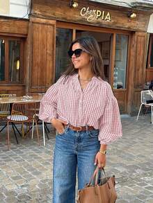 Chemise à carreaux rouges décontractée pour femme, col cranté, manches bouffantes roses - Rose bonbon - Voir 2