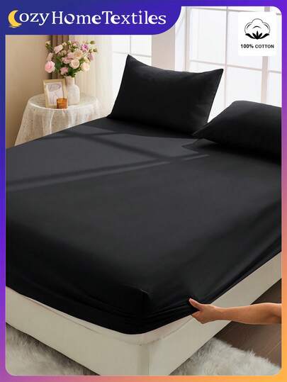 2/3pcs 100% Cotton Knit Bedsheet Set, Home Textile, Solid Color Bedsheet Set, Comfortable Home Goods, Soft & Breathable Bed Cover, Skin-Friendly Bedding Set, Suitable For All Seasons, Fits Double/Full/Queen/King Size Bed, Bedroom Decor, Black