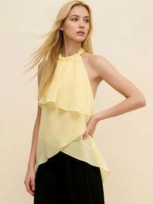 Women Chiffon Halter Tops Summer Trendy Asymmetrical Layered Backless Shirts for Streetwear Aesthetic Grunge Clothes - Amarillo - Ver 2