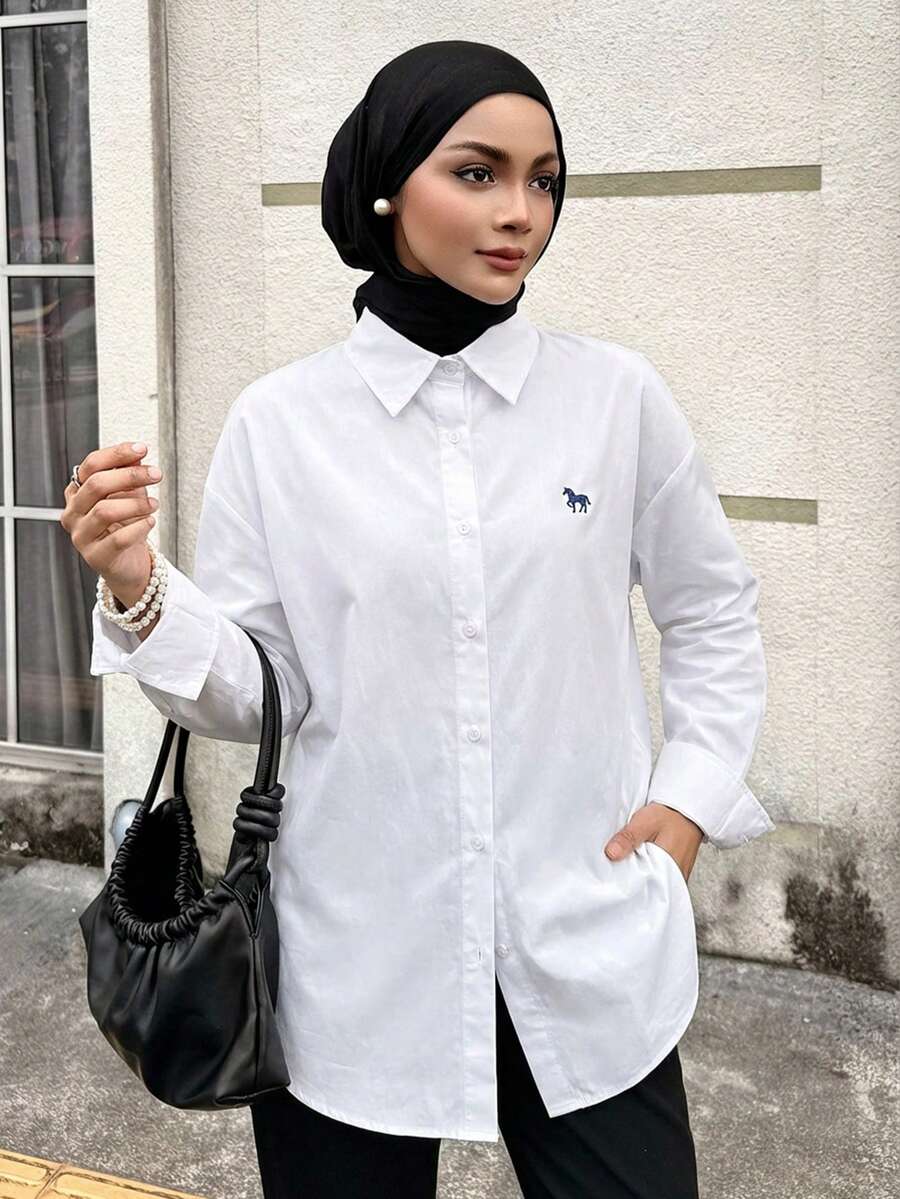 Livesso Women's Autumn Horse Pattern Drop Shoulder Long Sleeve Single Breasted Casual Loose Shirt,Fall Women Clothes - White - View 1