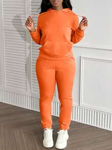 LovelyWholesale Women's Hooded Collar Long Sleeves Pocket Plain Casual Everyday Wear Autumn Winter Top And Pants Set - Orange - View 3