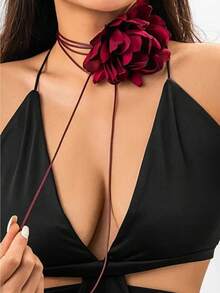 Exaggerated Romantic Big Rose Flower Clavicle Chain Necklace Women Kpop Adjustable Bowknot Rope Choker Jewelry Y2K Accessories - A - View 12