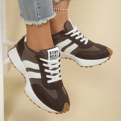 女士时尚厚底运动鞋，鞋底设计时尚透气，舒适支撑，适合日常穿着和健身，运动鞋，休闲系带拼接运动鞋