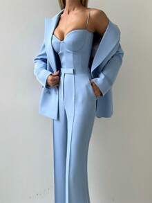 Women's Formal Suit Set - Stylish And Fashionable For Daily Work. The Set Includes A Blouse, Trousers And Coat, Making It A Three-Piece Outfit - 淺藍色 - 查看 3
