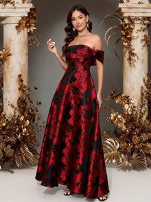 Women's Elegant Off-Shoulder Sleeveless Dress, Black And Red Floral Pattern, Slit Design, Showcasing Graceful Elegance - Red - View 7