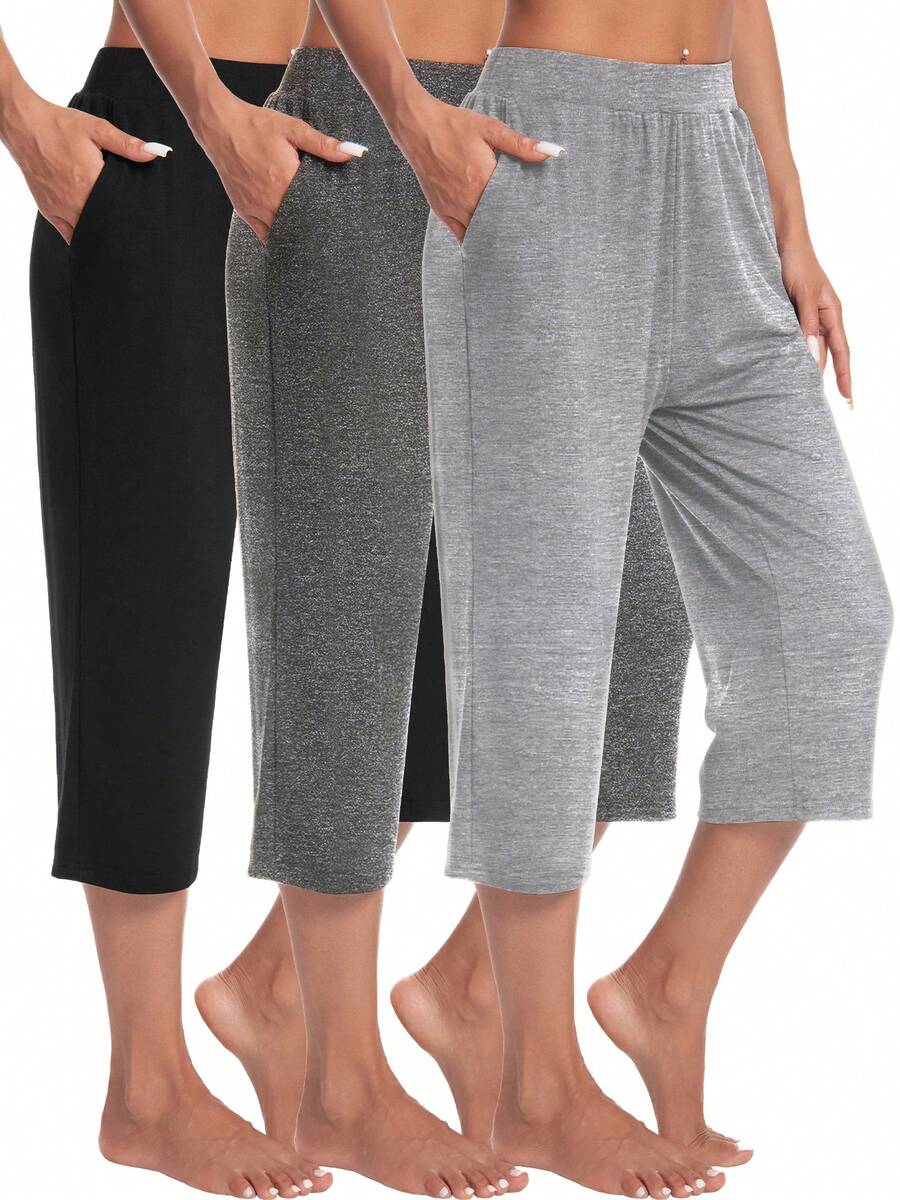 3 Pack Capri Pants For Women Loose Lounge Cropped Sweatpants Joggers Yoga Casual Workout Pants With Pockets - 黑色,深灰,淺灰 - 查看 1