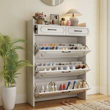 European Shoe Storage Cabinet With 3 Flip Drawers Slim Hidden Free Standing Organizer For Narrow Hallway - 白色 - 查看 6