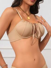 女士肤色抽绳系带支撑舒适可调节肩带文胸 - 杏色 - 查看 4