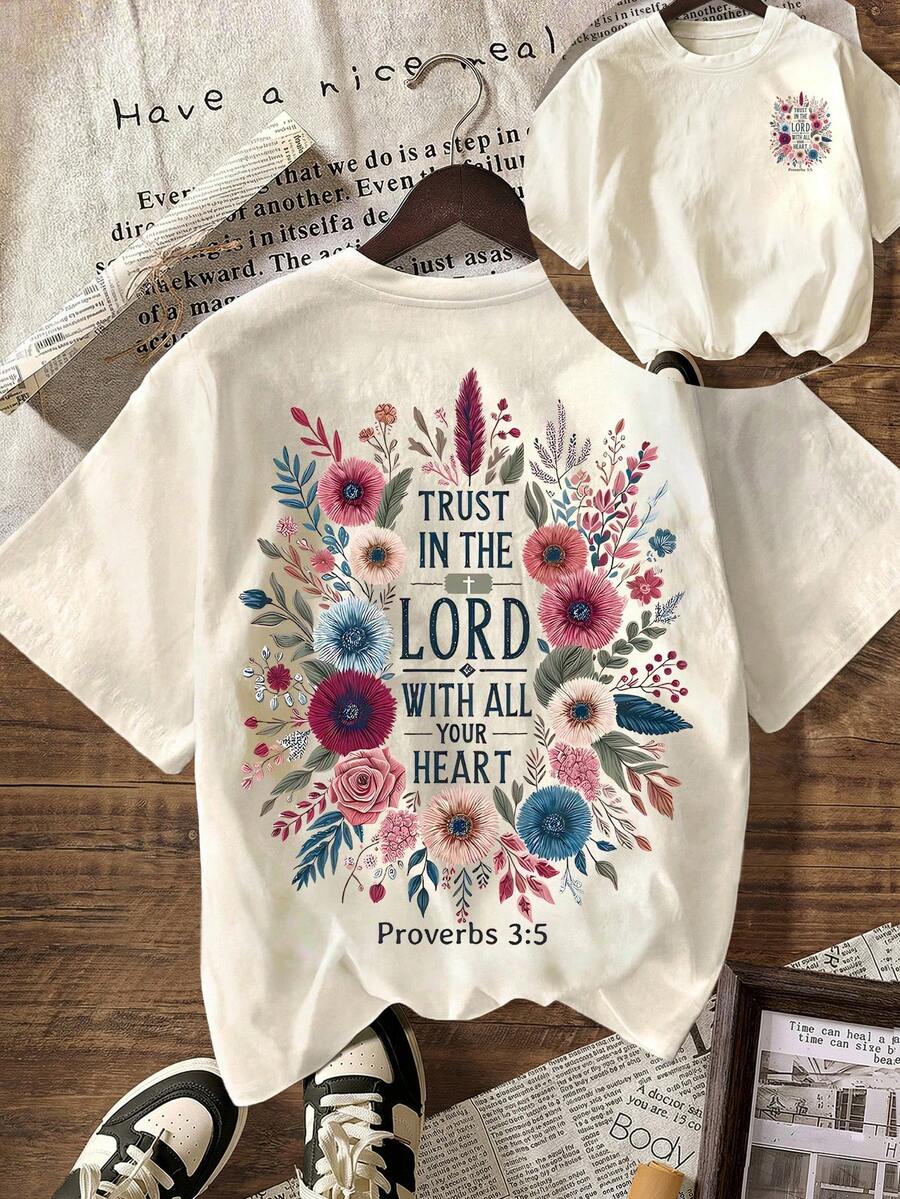 Women's Casual Floral & Slogan Print T-Shirt, Summer - Light Apricot - View 1