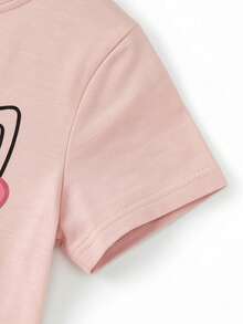 1 pièce Robe pour filles avec imprimé mignon de chat rose, robe t-shirt à manches courtes avec nœud, style mignon pour jeune fille, été - Rose bonbon - Voir 4