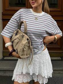 女士彩色条纹短款圆领T恤，针织面料，中等弹性，常规长度休闲上衣，女士健身服，春夏白色 - 白色 - 查看 5