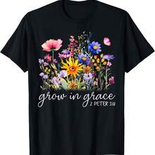 Grow in Grace Wildflower Boho Cistian Scripture Religious T-Shirt - Negro 5 - Ver 1