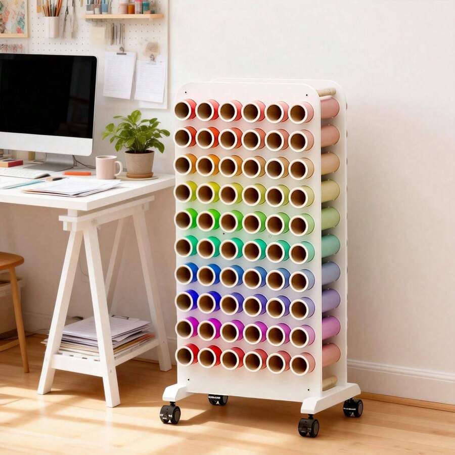 Craft Trolley With 60 Vinyl Roll Holders, Foldable Craft Cabinet Compatible With /Plotter Machines, Mobile Organiser For Craft Room For Gift Wrapping Carts - A - View 1