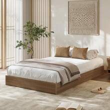Marco de cama de plataforma, Marco de cama ranurada de madera, Base de cama minimalista completa / doble / queen / king size con diseño de perfil bajo, sin ruido, fácil montaje, no se necesita muelle de caja - Nogal - Tamaño Twin - Ver 4