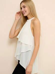 Women Chiffon Halter Tops Summer Trendy Asymmetrical Layered Backless Shirts for Streetwear Aesthetic Grunge Clothes - Blanco - Ver 3