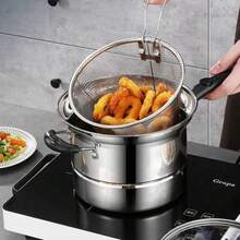 4pc Non Stick Chip Pan Deep Fat Fryer Cooking Noodle Soup Pot Frying Basket&Lid - Silver - View 7